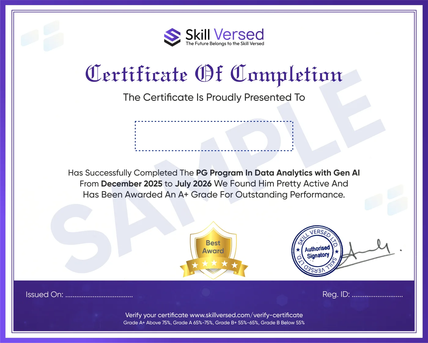 Skill Versed certificate of completion (sample)